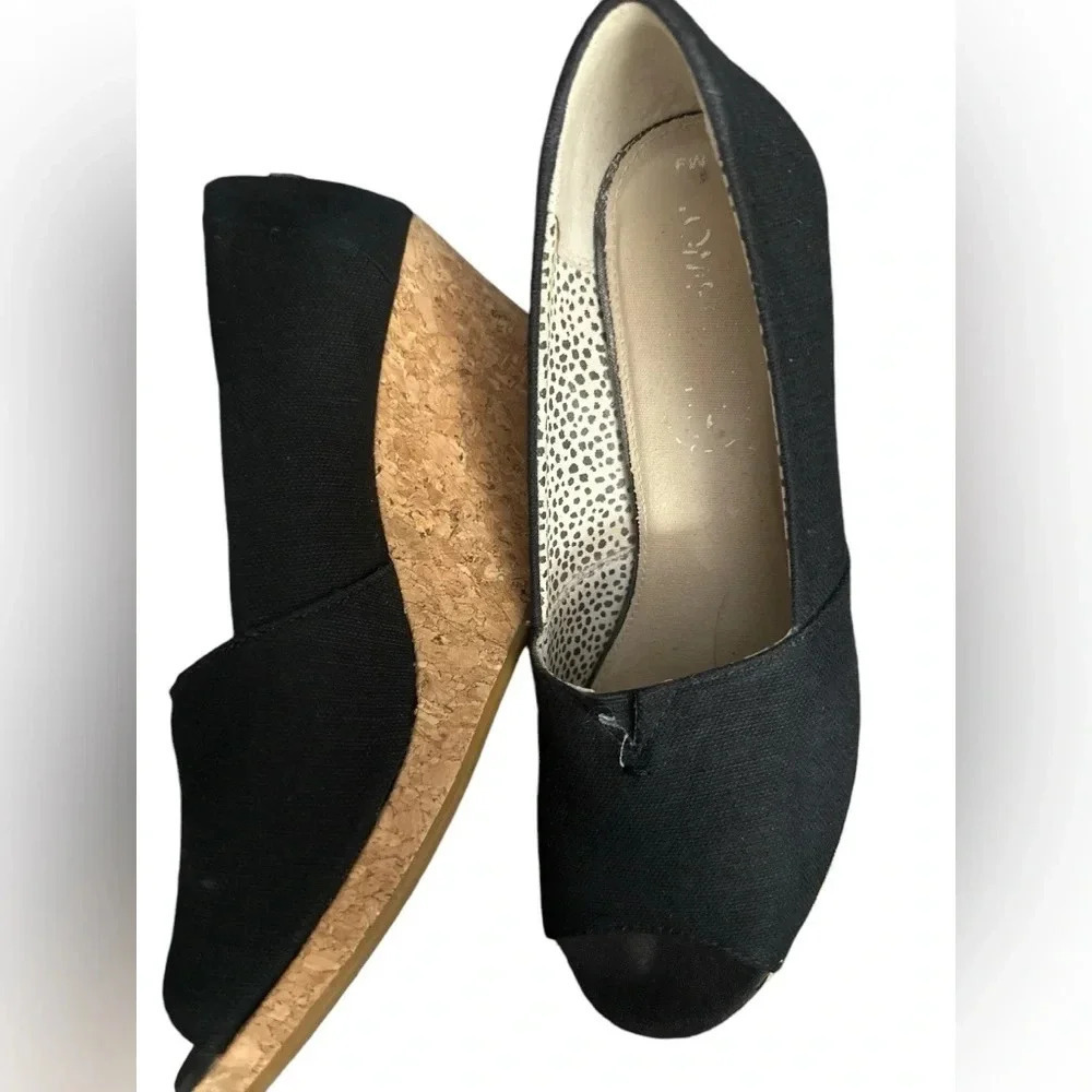 TOMS Women Michelle Black Cotton Peep-Toe Platform Cork Wedge  Heel